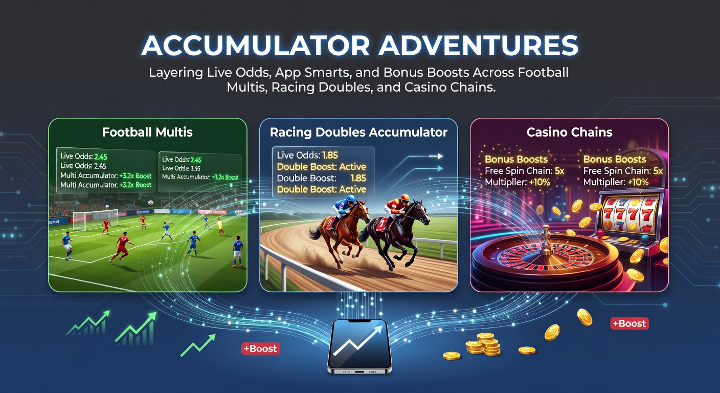 Digital display showing layered betting slips with live soccer odds, racing results, and casino parlay chains updating in real time on a mobile app interface