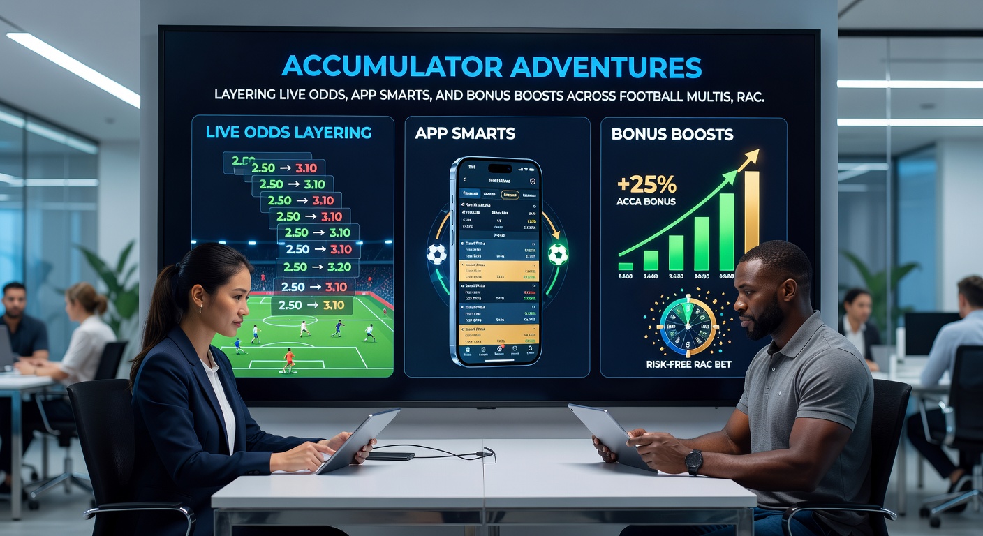 Close-up of a smartphone screen displaying a multi-layered bet slip with soccer accumulator odds, a racing double payout projection, and casino parlay bonus multipliers cascading downward