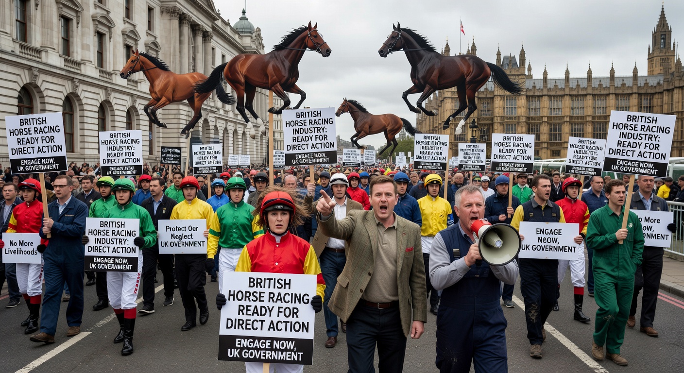 Bookmakers' stands bustling with activity at a UK racecourse, punters placing bets amid the excitement of an upcoming race