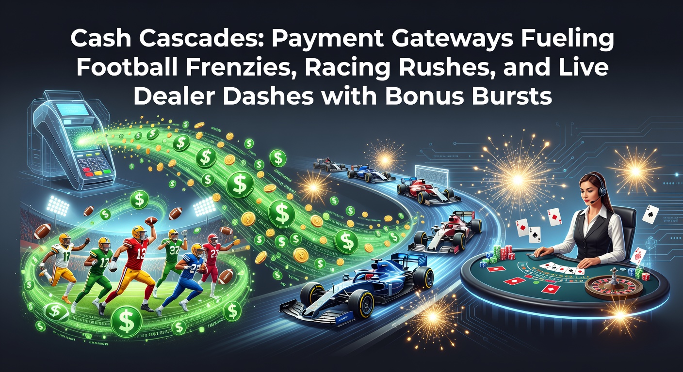 Dynamic graphic showing payment streams flowing into soccer pitches, race tracks, and live dealer tables with bonus icons exploding