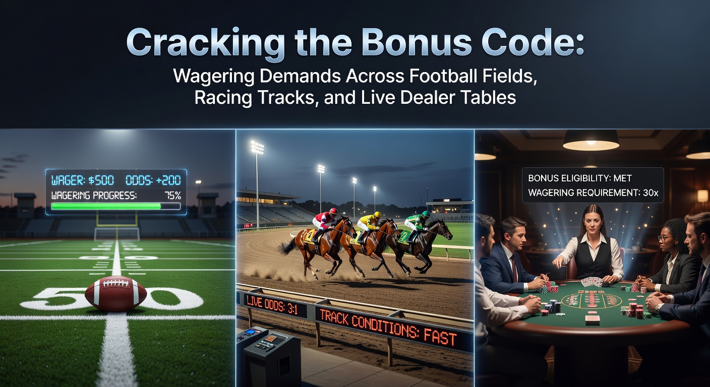 A dynamic split-image showing a soccer field goal, a horse racing finish line, and a live dealer roulette wheel, symbolizing bonus wagering across betting verticals