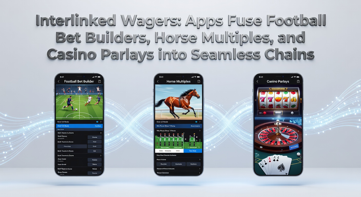 Smartphone screen displaying a betting app interface with interconnected bet chains combining football matches, horse races, and casino games
