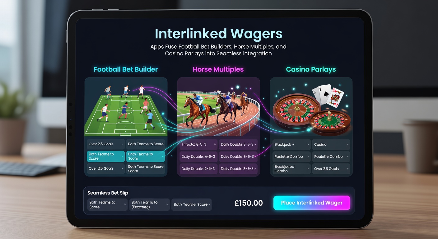 Close-up of a betting chain diagram on an app, showing football bet builder linked to horse racing multiples and extending to casino parlay bets with live odds updates