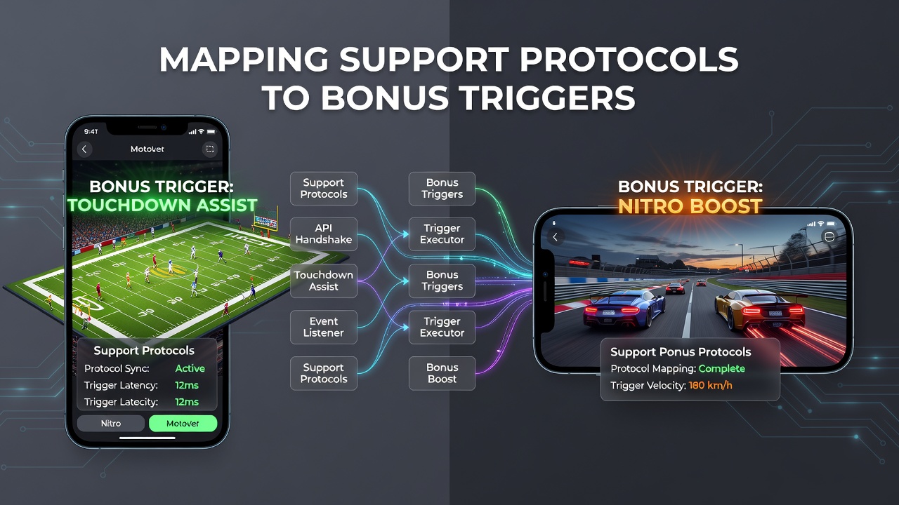 Diagram of support protocol flow leading to bonus activation in racing and football apps