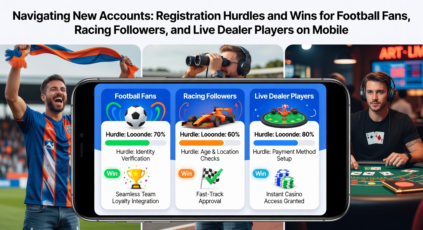 Smartphone screen displaying a mobile betting app registration form with soccer match odds, horse racing schedules, and live dealer table previews in the background