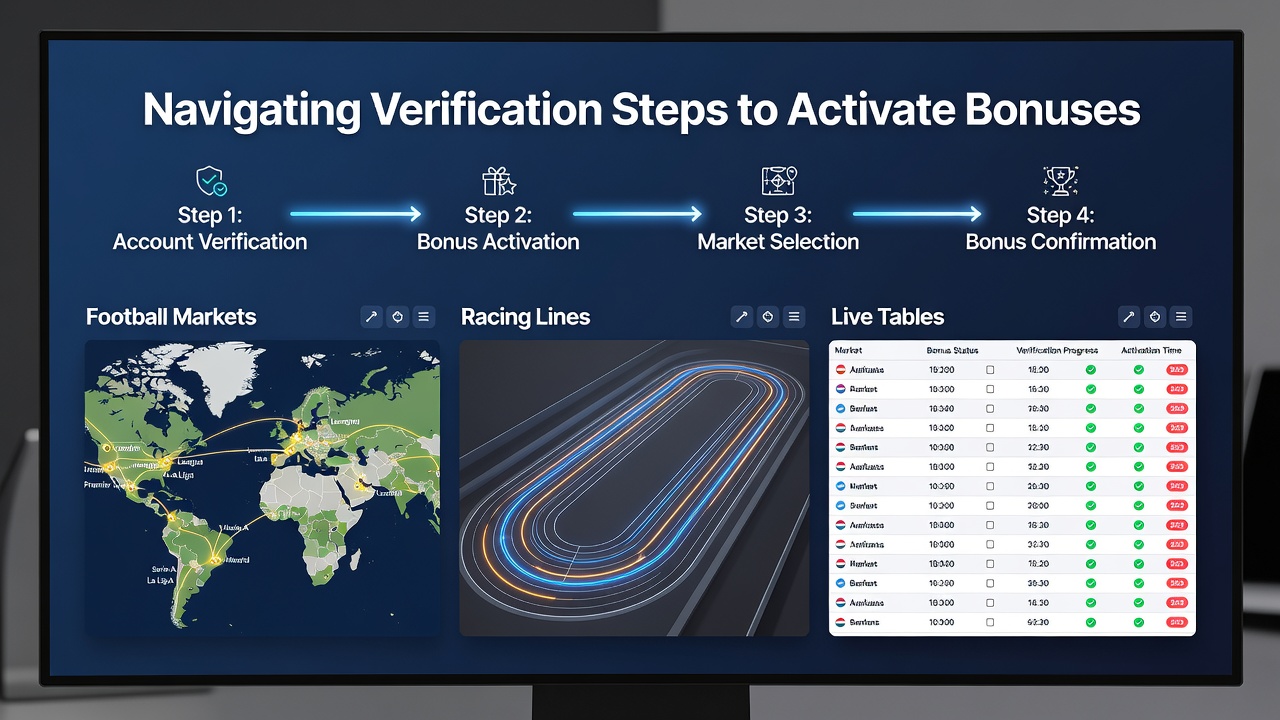 Mobile app interface displaying verification progress bars alongside soccer odds, horse racing lines, and live dealer feeds