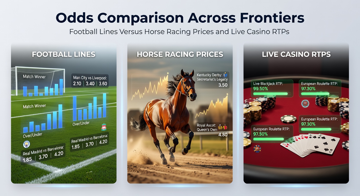 Digital display showing football match odds, horse racing prices, and casino RTP charts side by side across international bookmakers