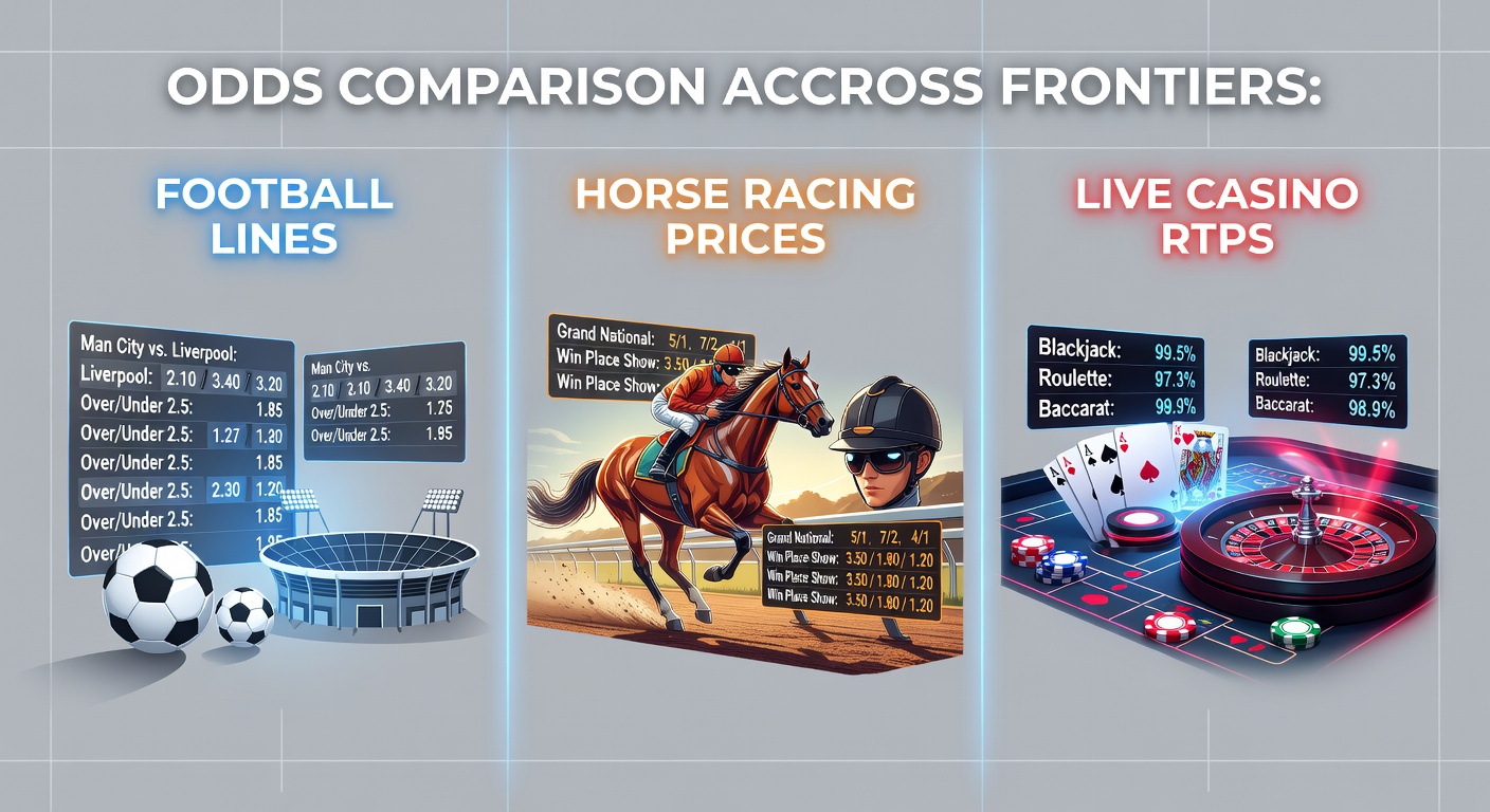 Horse racing tote board displaying fluctuating prices next to football odds screens and casino RTP tables in a bustling betting hall