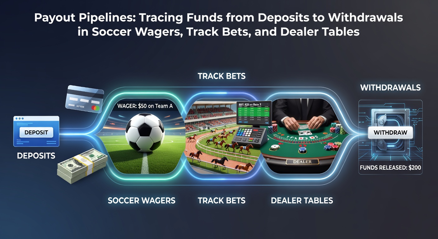 Digital flowchart showing funds moving from player deposits through betting platforms to payouts in soccer, racing, and casino environments
