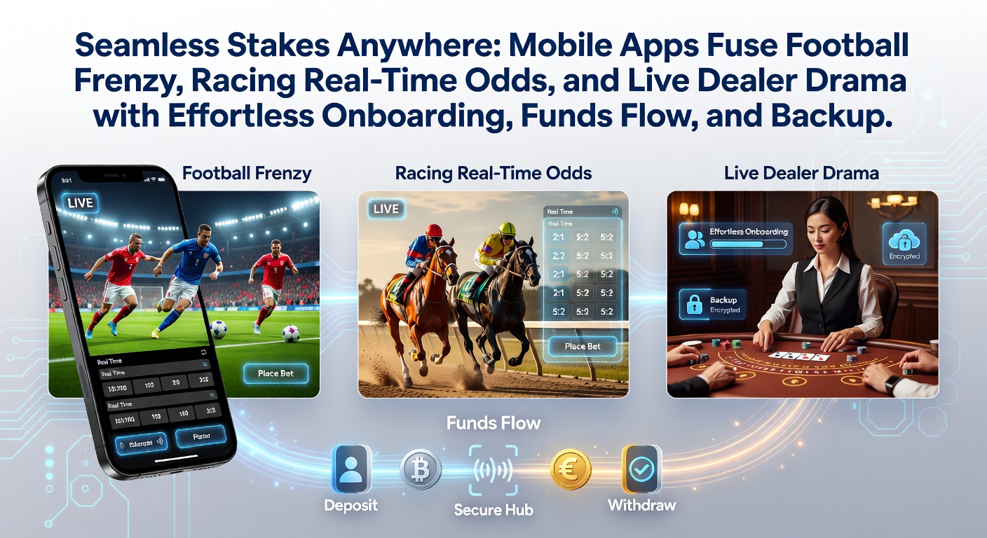 Smartphone screen displaying a mobile betting app with live soccer match odds, horse racing results, and a live dealer blackjack table in action