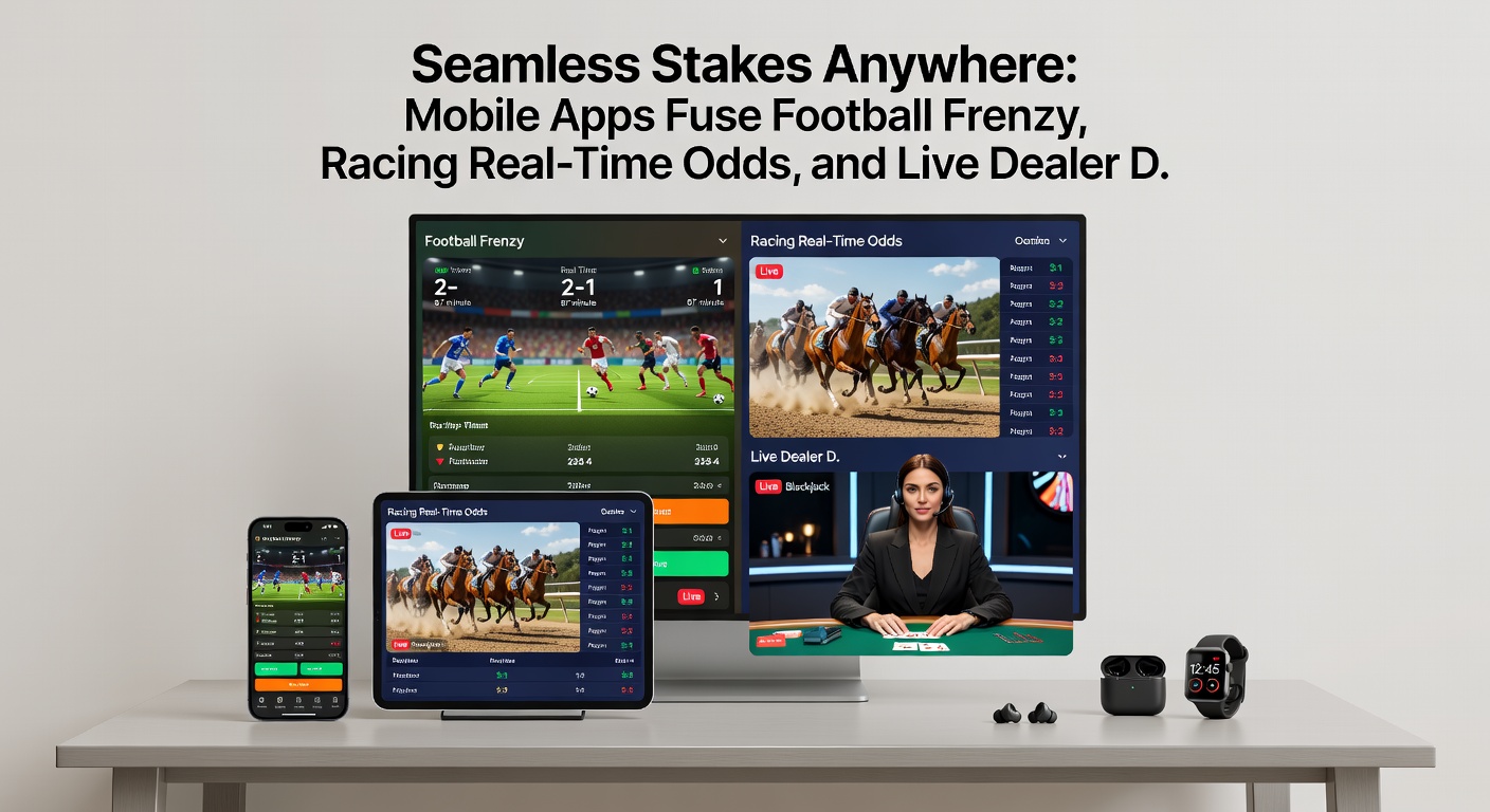 Close-up of a mobile app interface showing live horse racing odds updating in real-time during a race, alongside soccer fixtures and a live dealer roulette wheel