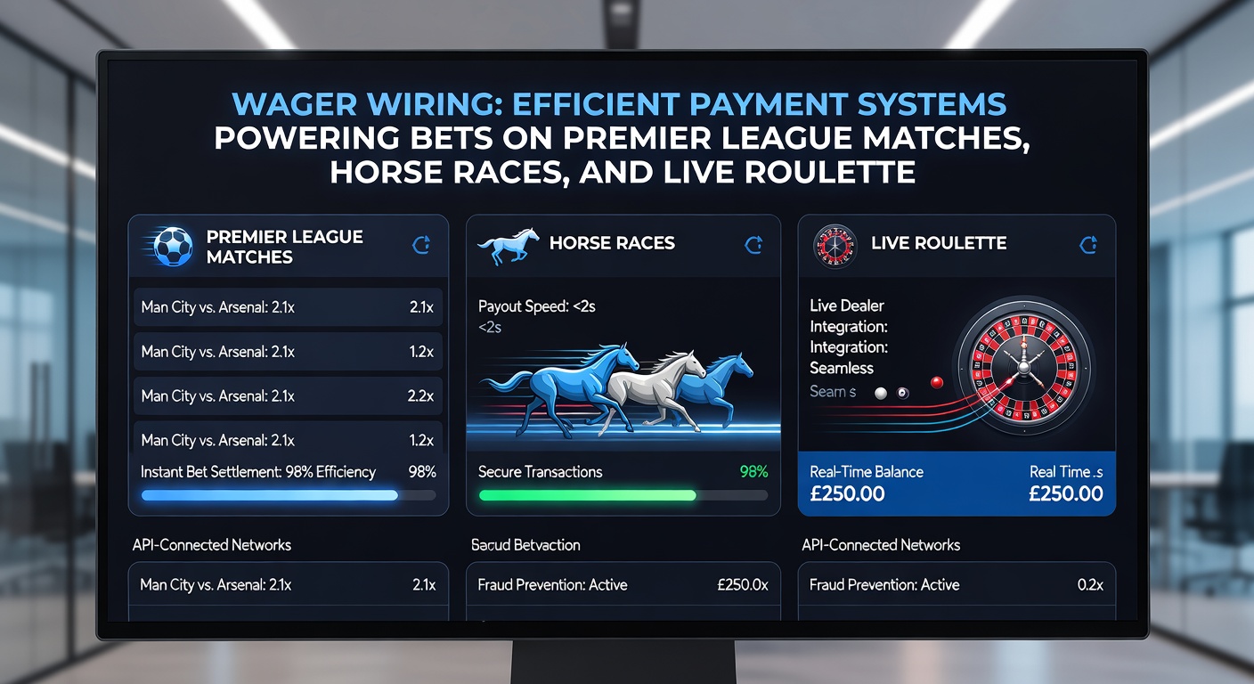 Digital payment streams lighting up screens during a Premier League match, with icons for horse tracks and roulette wheels overlayed for dynamic betting flow